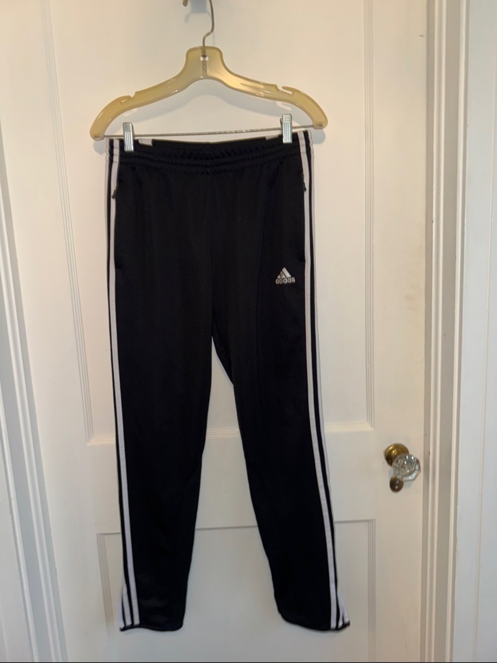 Adidas black & white striped track pants with ankle zips & zippered pockets SZ M